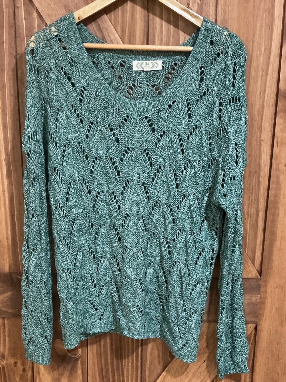 Pink Rose Teal Open-Knit V-Neck Sweater